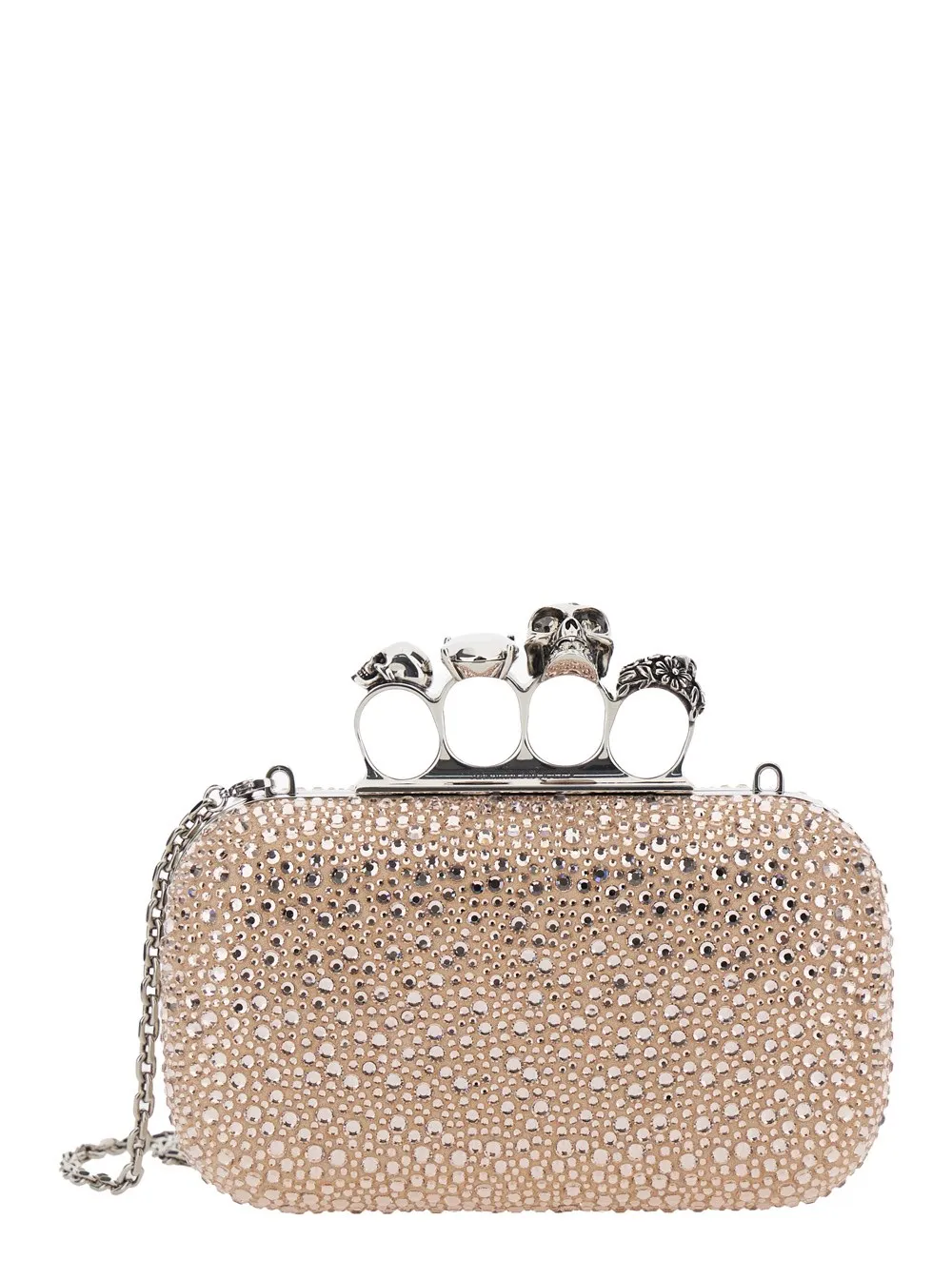 Clutch "Four Ring" für Damen aus Leder in Rosa mit totenkopfförmigen Nieten und All-over Strasssteinapplikation