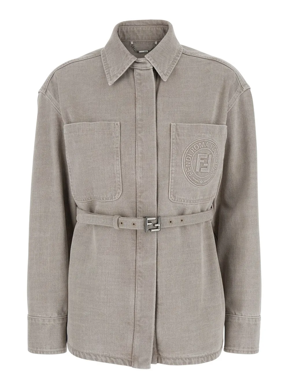 Blaue Jacke "Go To" mit Gürtel mit FF-Schnalle und Logoaufnäher vorne aus Denim Damen