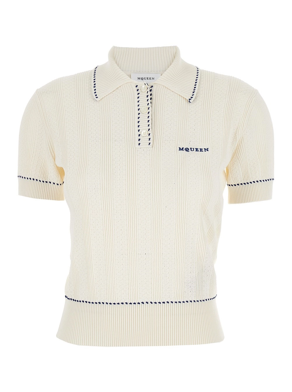 Weißes Polohemd mit klassischem Kragen und Logoschriftzug-Stickerei vorne aus Viskose Damen