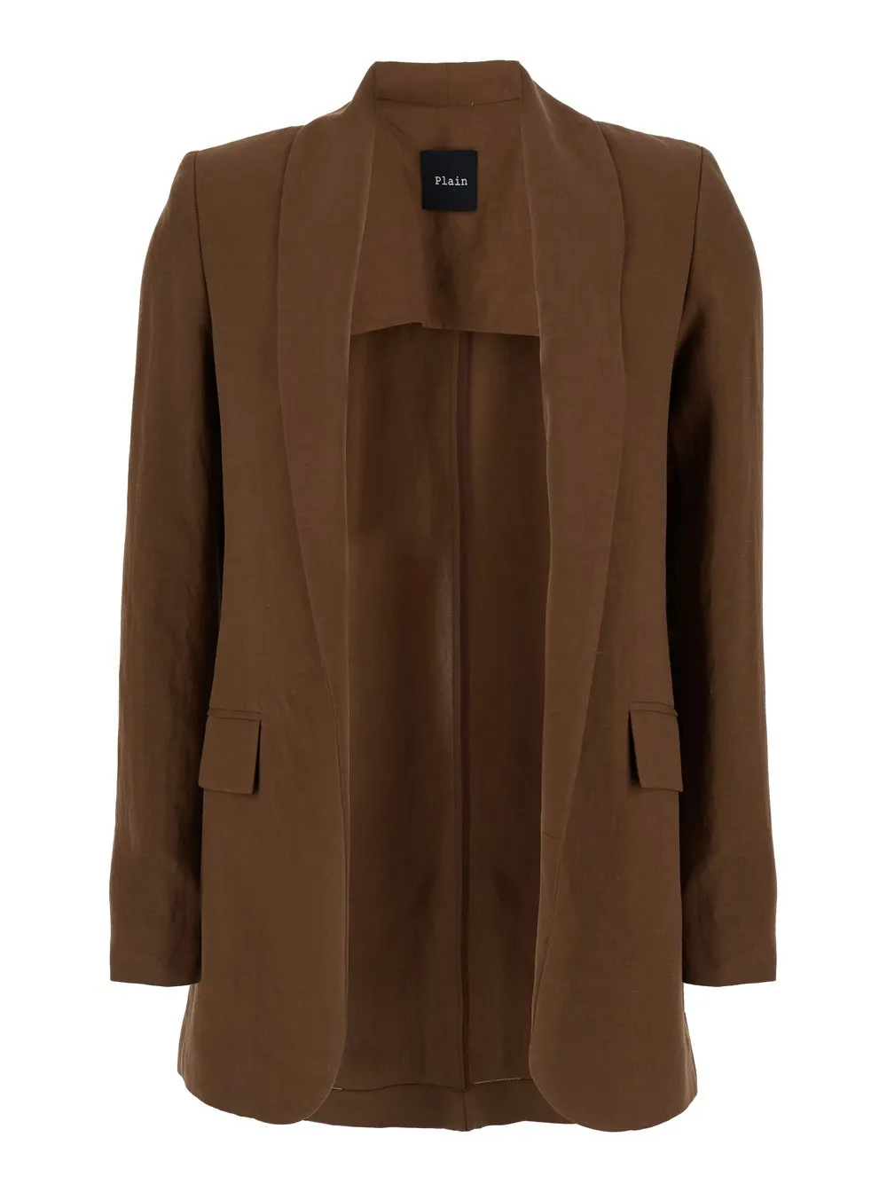 Braune offene Jacke mit Schalkragen aus Leinen und Viskose Damen