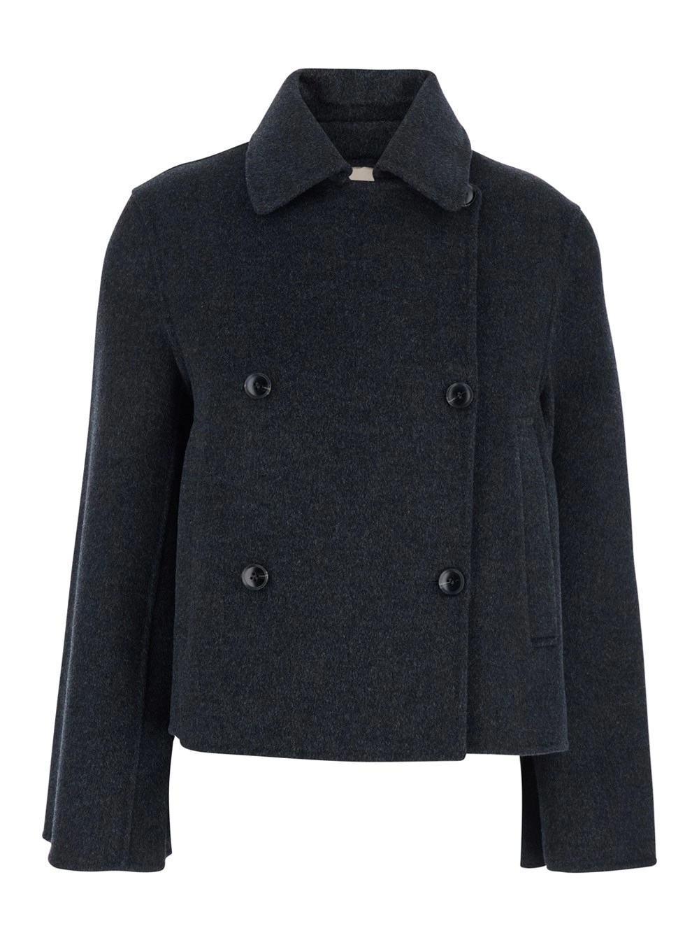 Zweireihige Cropped-Jacke für Damen aus Wolle in Grau mit Glockenärmeln und gekerbtem Kragen