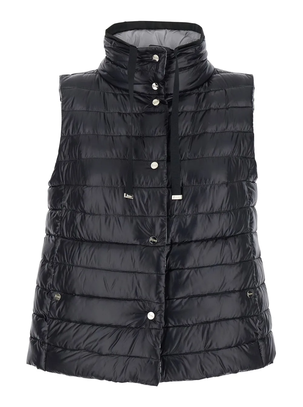 Ärmellose Wendeweste für Damen aus technischem Stoff in Schwarz mit hohem Kordelzug am Hals