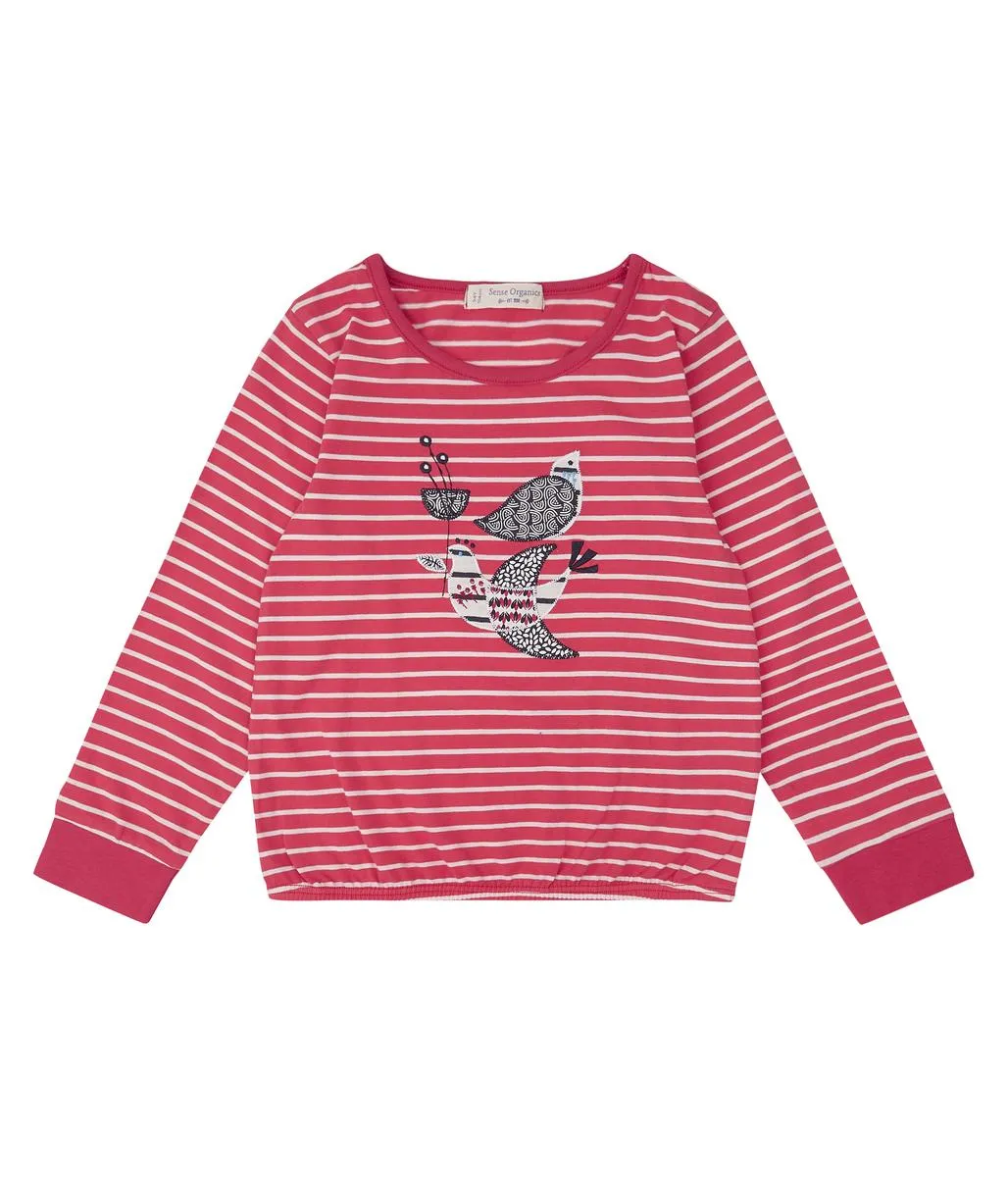 Langarmshirt "Awinita" mit Vögelchen-Applikation, pink-gestreift, Biobaumwolle