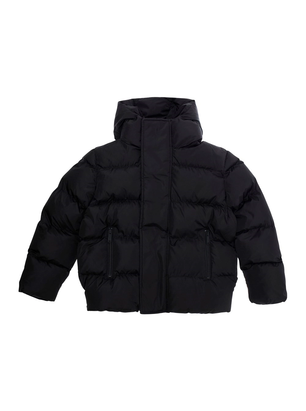 Schwarze Daunenjacke mit Kapuze und Logo hinten aus Techn-Stoff Jungen