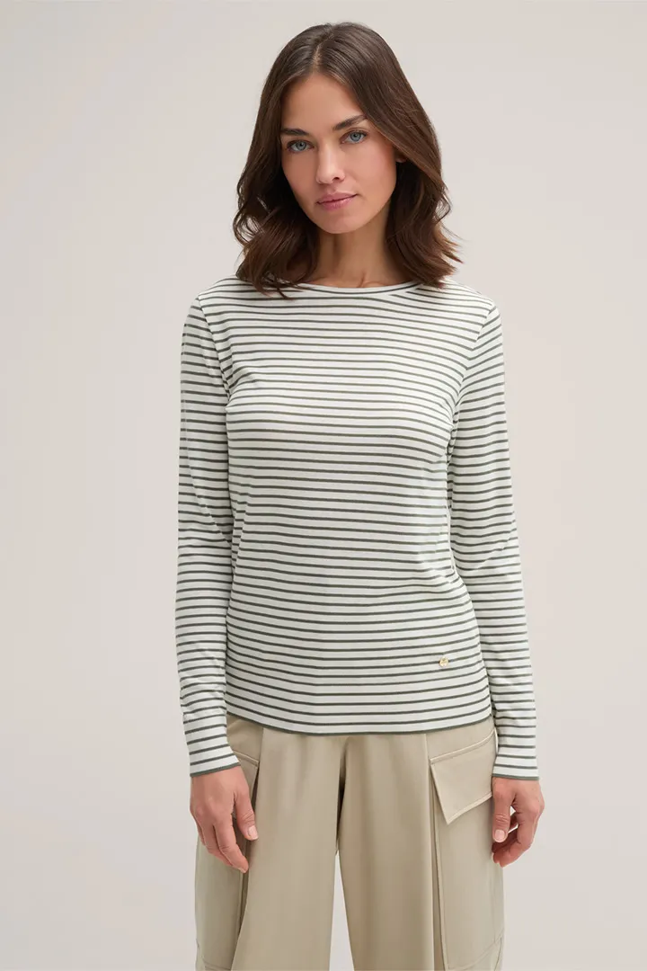 Lyocell-Baumwoll-Shirt in Salbeigrün-Ecru gestreift