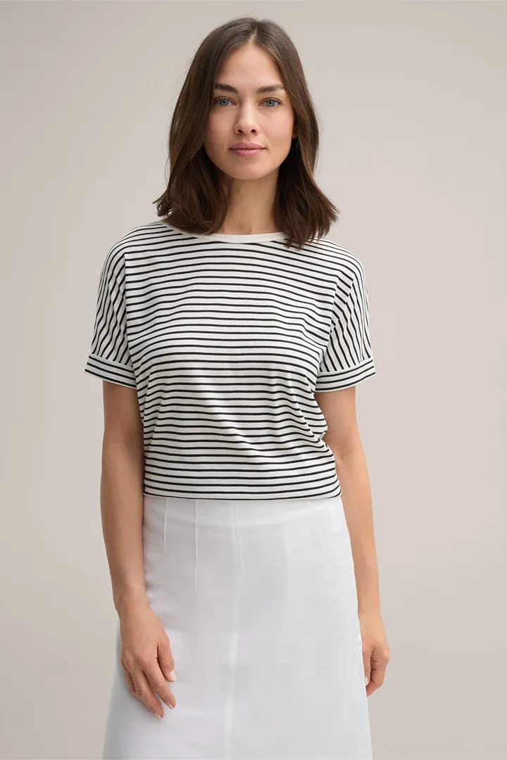 Lyocell-Baumwoll Shirt, kurzarm, in Schwarz-Ecru gestreift