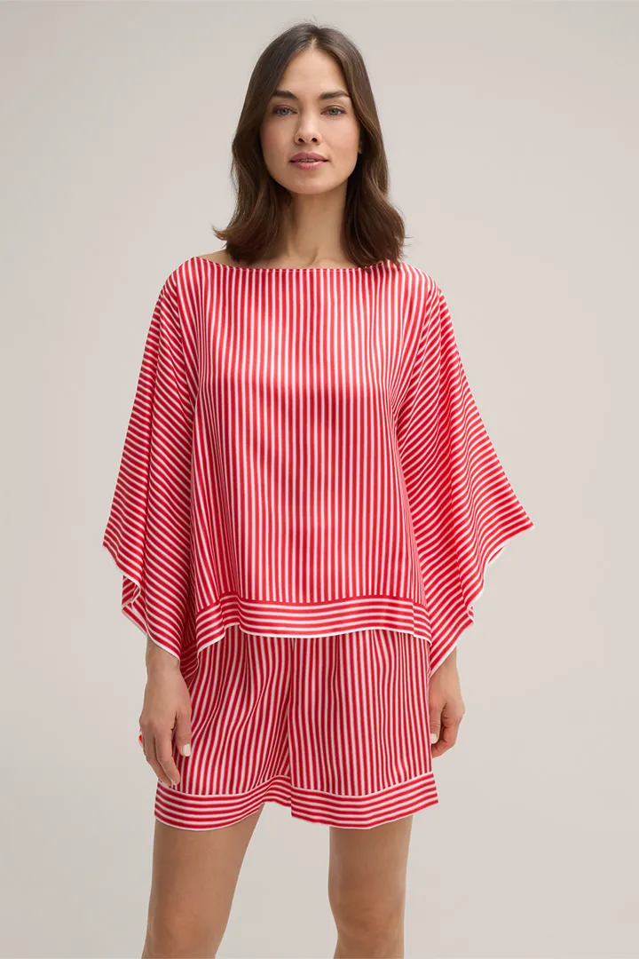 Seiden-Poncho-Bluse in Rot-Ecru gestreift