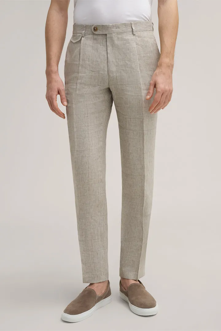 Leinen-Baukasten-Hose Silvi mit Bundfalte in Beige kariert