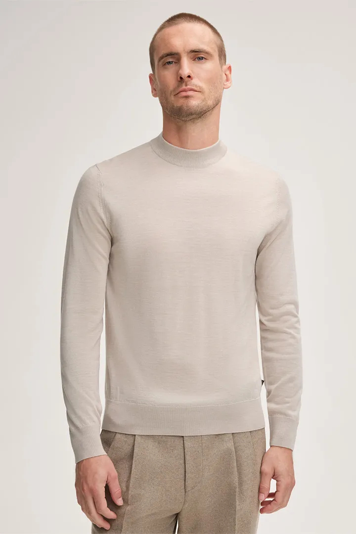 Woll-Stehkragen-Pullover Nando mit Seide und Cashmere in Beige