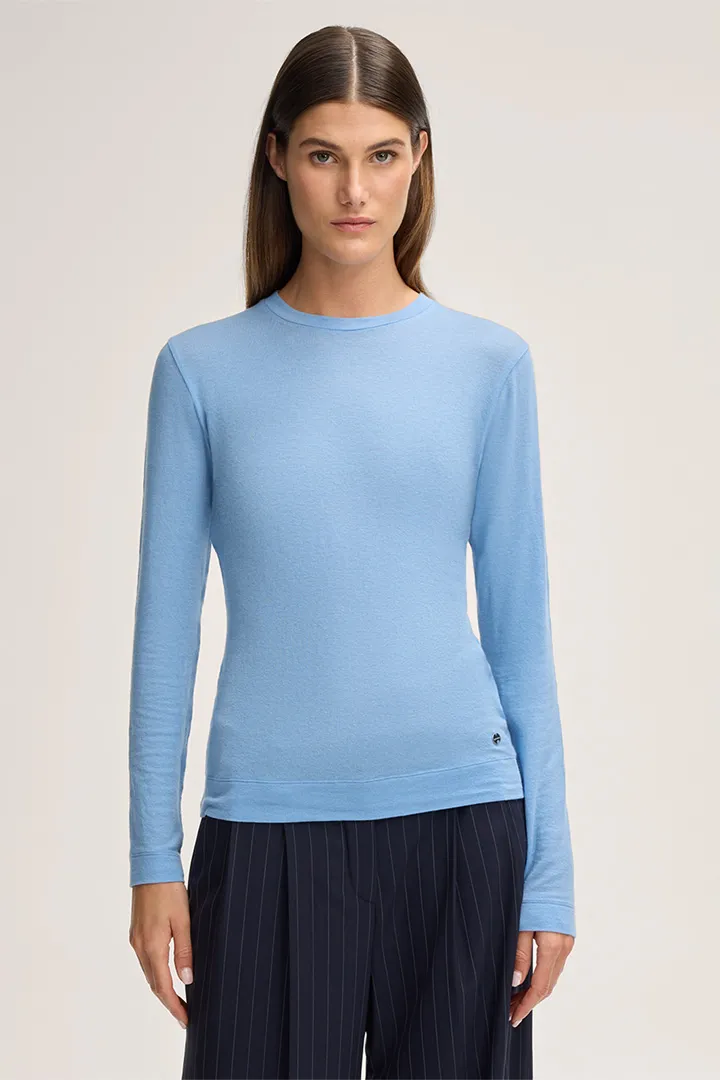 Lyocell-Wollmix-Shirt mit Rundhalsausschnitt in Blau