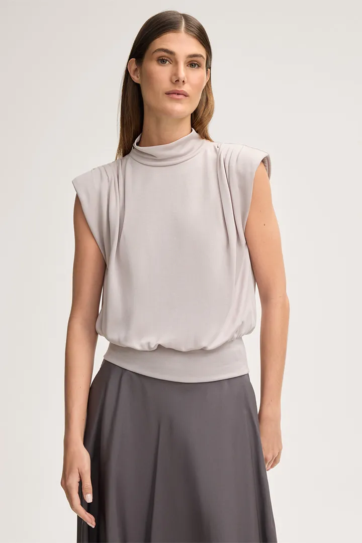 Doubleface-Interlock-Stehkragen-Top in Steingrau