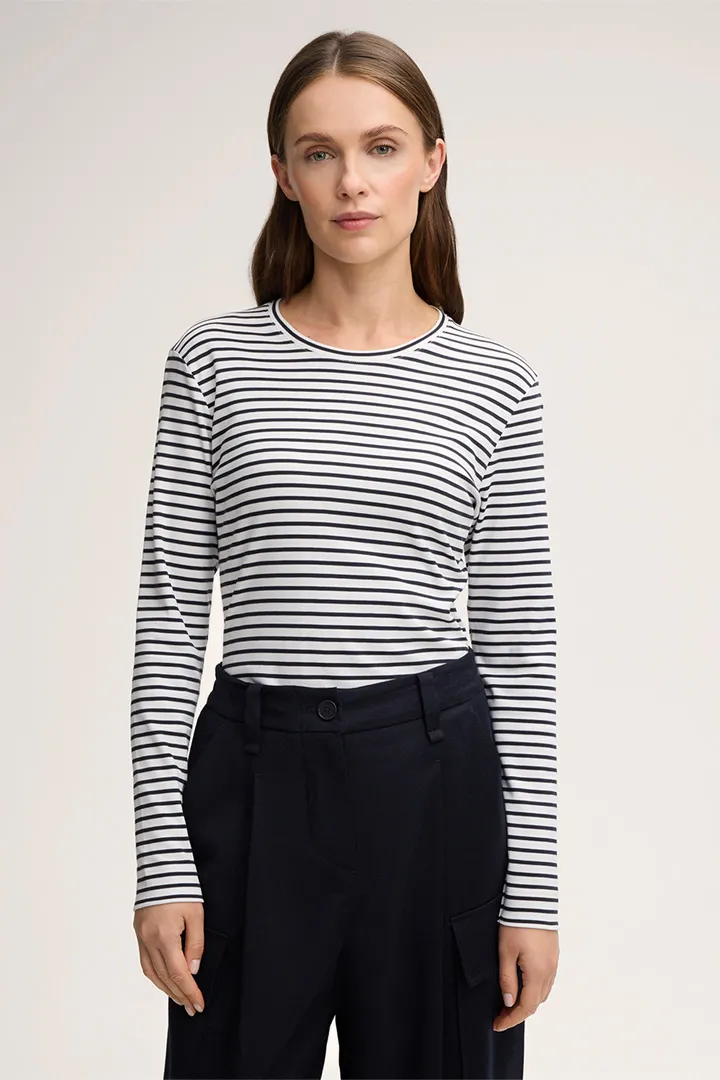 Baumwoll-Interlock-Langarm-Shirt in Navy-Weiss gestreift