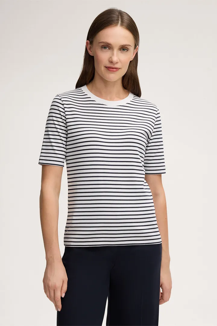 Baumwoll-Interlock-Halbarm-Shirt in Navy-Weiss gestreift