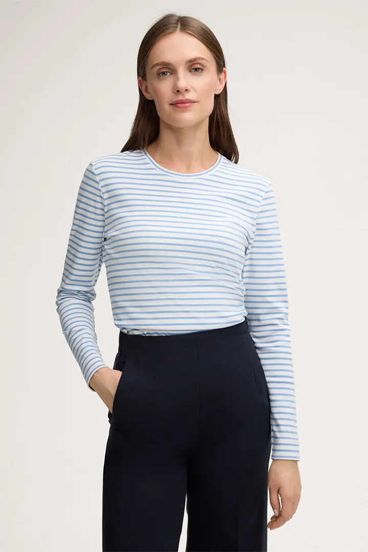 Baumwoll-Interlock-Langarm-Shirt in Blau-Weiss gestreift