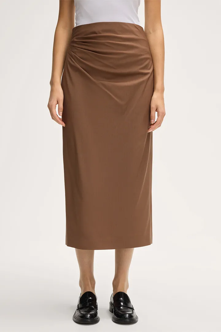 Schurwoll-Midi-Bleistiftrock in Braun