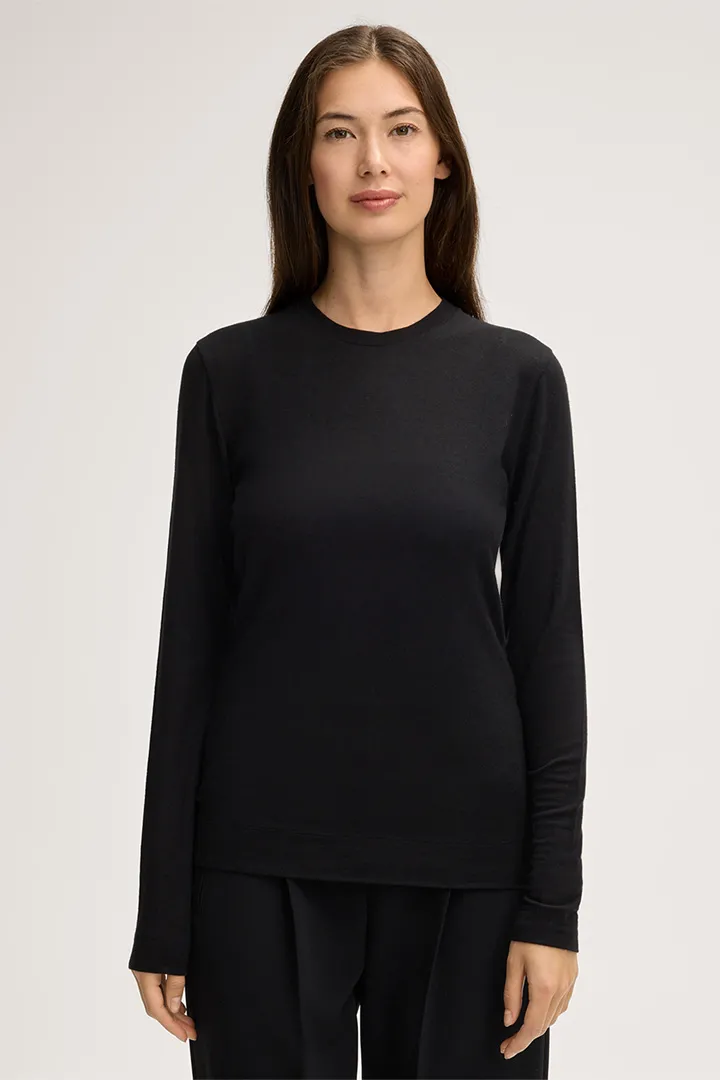 Wollstretch-Rundhals-Shirt in Schwarz