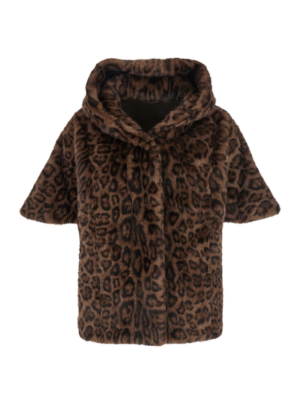 Braune Pelzjacke "Leonie" mit Kapuze und All-Over-Leopardenmotiv aus Ökopelz Damen