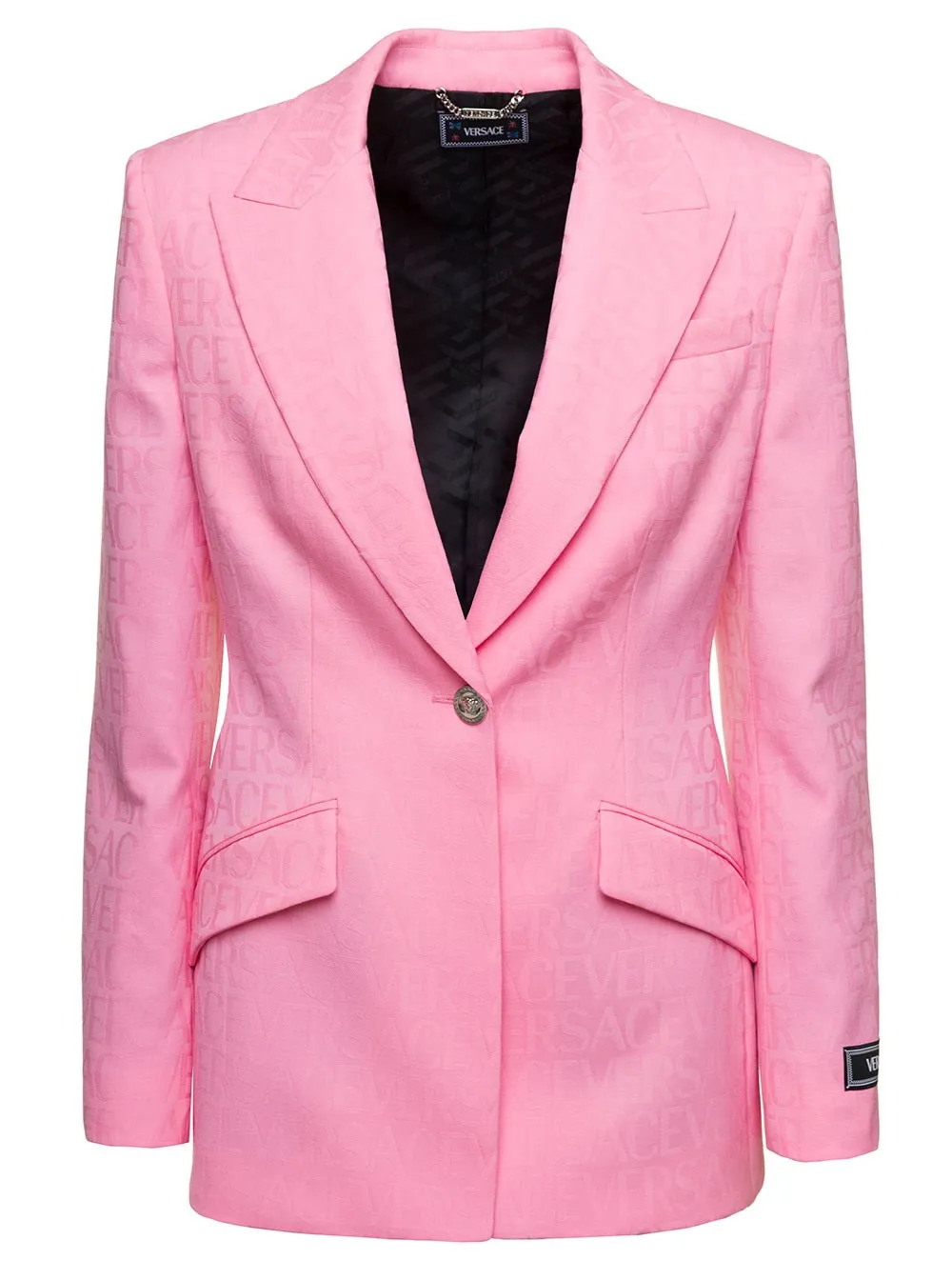 Einreihige Jacke für Damen aus Wolle in Rosa mit tonalem All-over Logo-Schriftzug-Druck