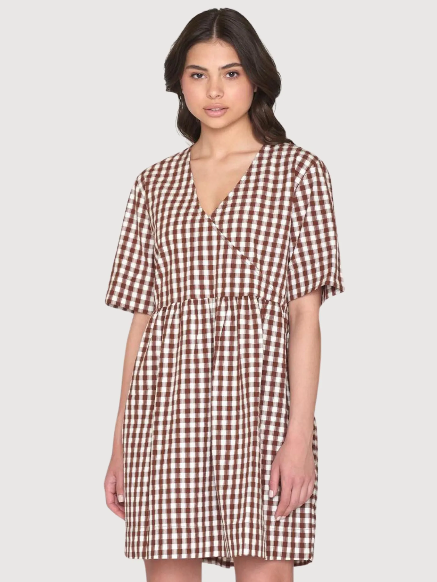 Kleid karierten Muster Kurzen Ärmeln Baumwolle Damen | Knowledge Cotton Apparel
