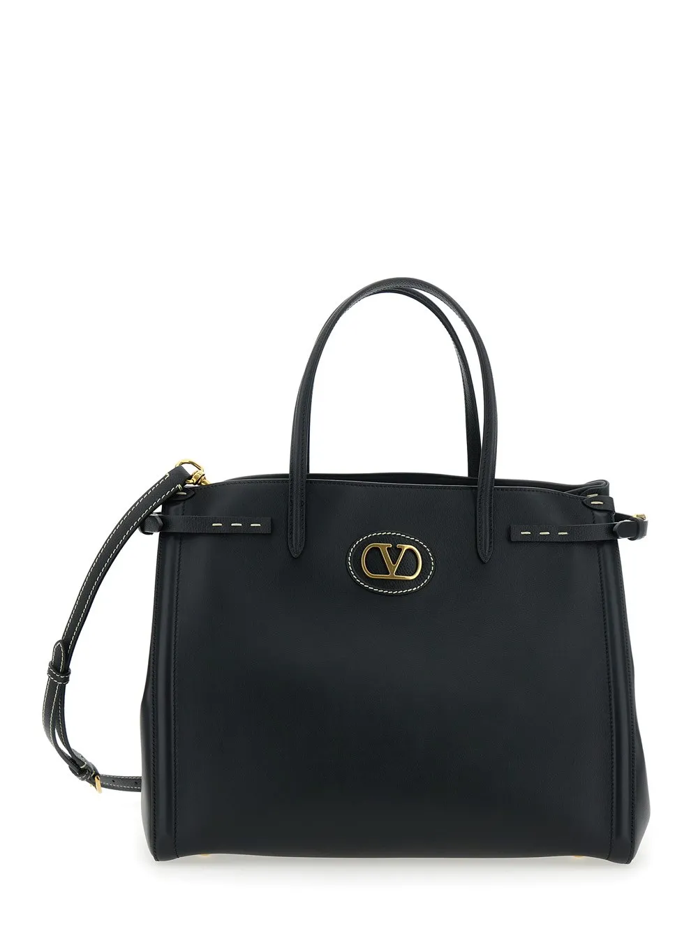 Schwarze Handtasche "Antibes" mit VLogo-Plakette auf der Vorderseite aus Leder Damen