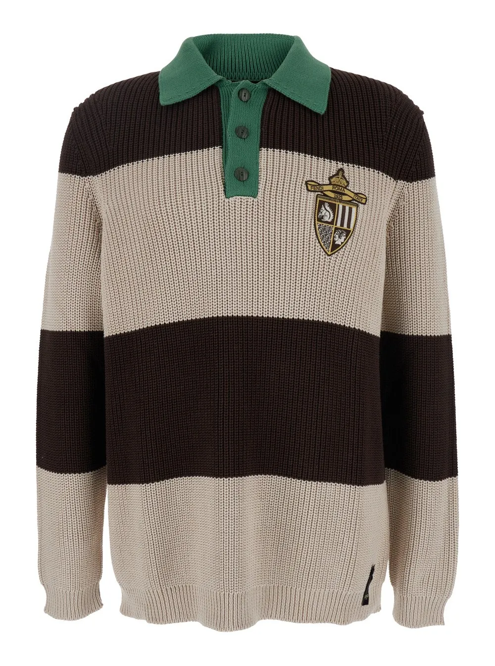 Braunes Strickpolo mit Streifenmotiv und Fendi Club-Aufnäher auf der Vorderseite aus Baumwolle Herren
