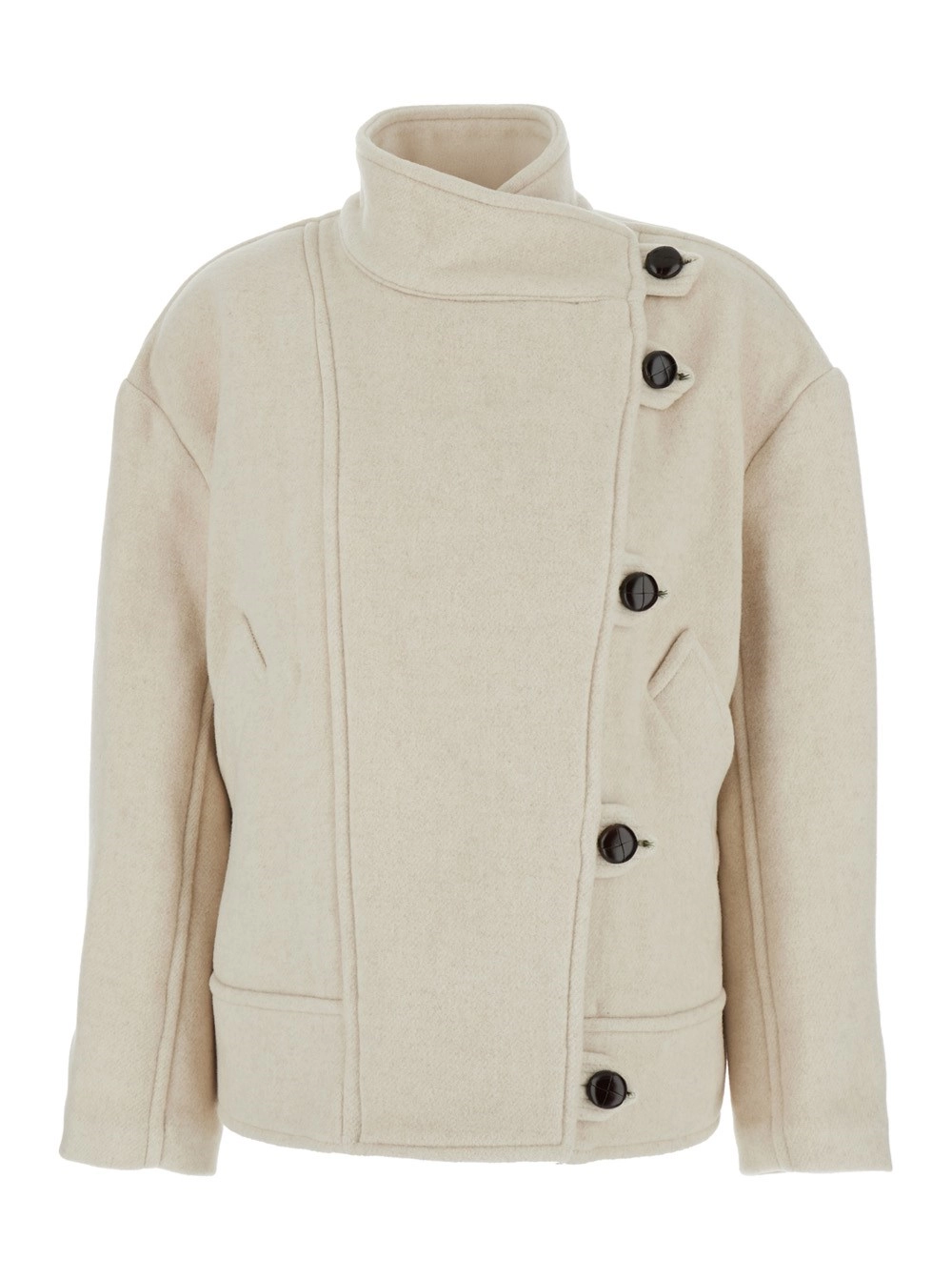 Beigefarbene Jacke "Hanis" mit Stehkragen und überschnittenen Schultern aus Wollmischung Damen