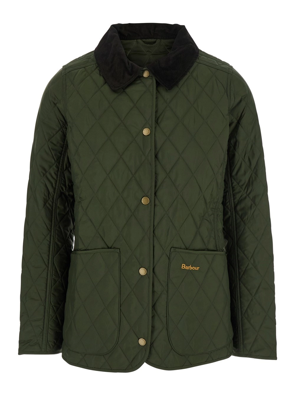 Grüne Jacke mit klassischem Kragen und gesticktem Logo auf der Vorderseite aus technischem Stoff Damen