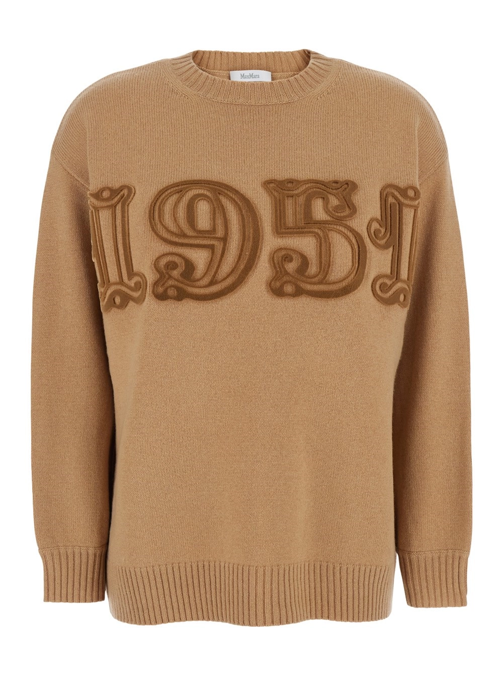 Beigefarbener Pullover mit Rundhalsausschnitt und Frontstickerei aus Woll- und Kaschmirmischung Damen