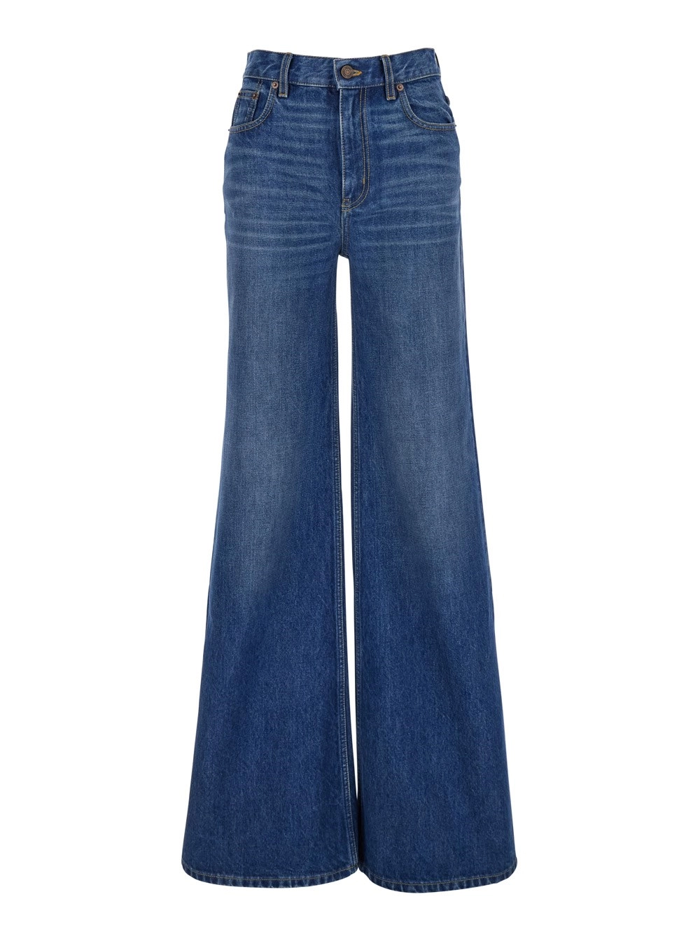 Blaue Jeans mit hoher Taille, weitem Bein und Logoaufnäher hinten aus Denim Damen