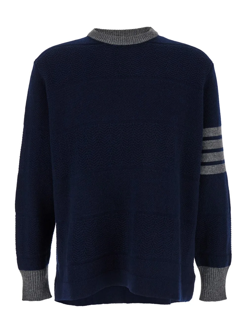 Blauer und grauer Strickpullover mit 4-Streifen-Detail aus Schurwolle Damen