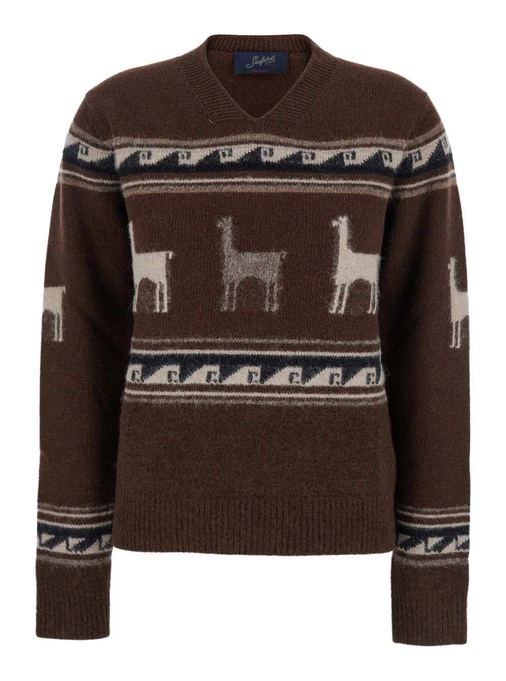 Brauner Pullover mit V-Ausschnitt und Motiv vorne aus Wolle Damen