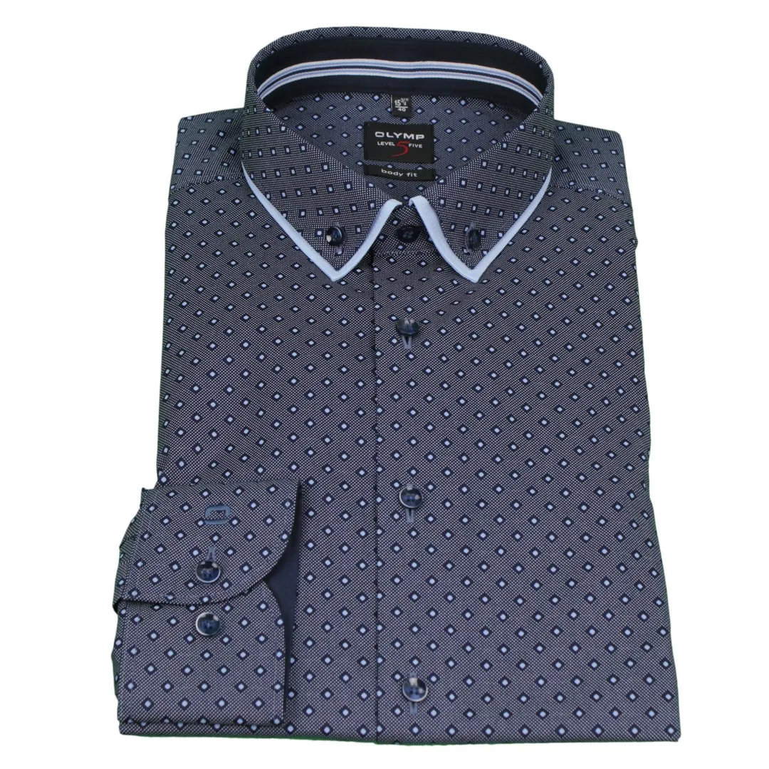 Olymp Herren Body Fit Hemd Level 5 Doppelkragen blau Minimal Muster 2104 64 18
