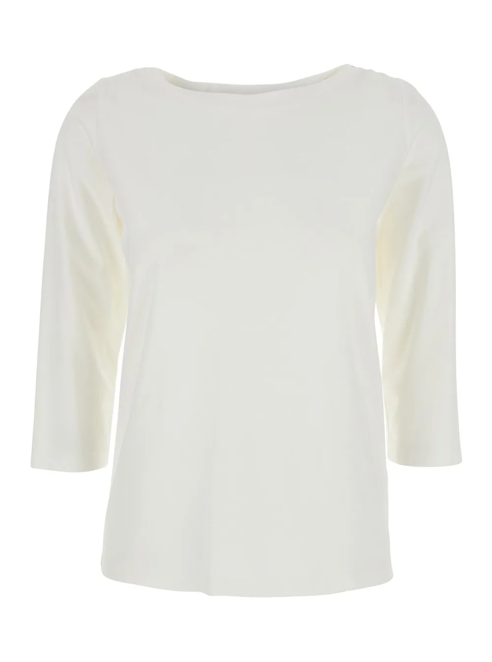 Weißes T-Shirt mit Rundhalsausschnitt und Dreiviertelärmeln aus Stoff Damen