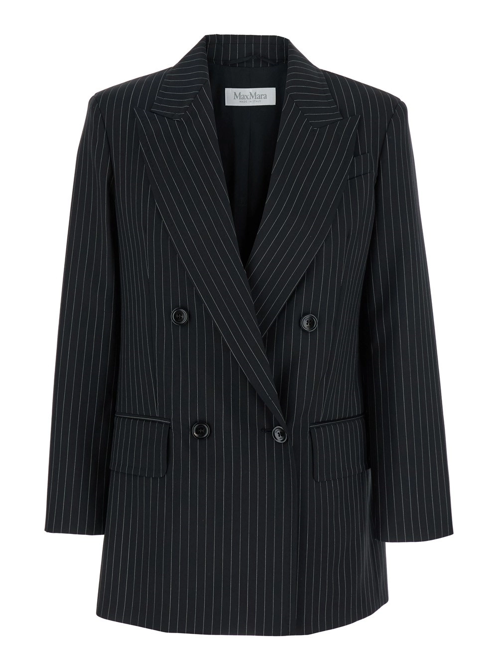 Zweireihige Jacke "Mattia" für Damen aus Wolle in Schwarz mit Schirm und All-over Streifenmuster
