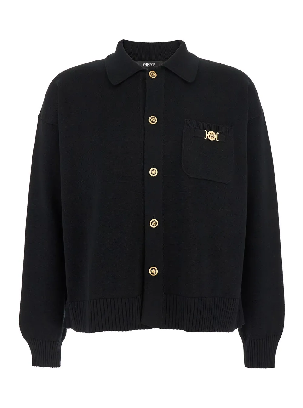 Schwarzer Cardigan mit klassischem Kragen und Logoplakette auf der Vorderseite aus Kaschmir- und Baumwollmischung Damen