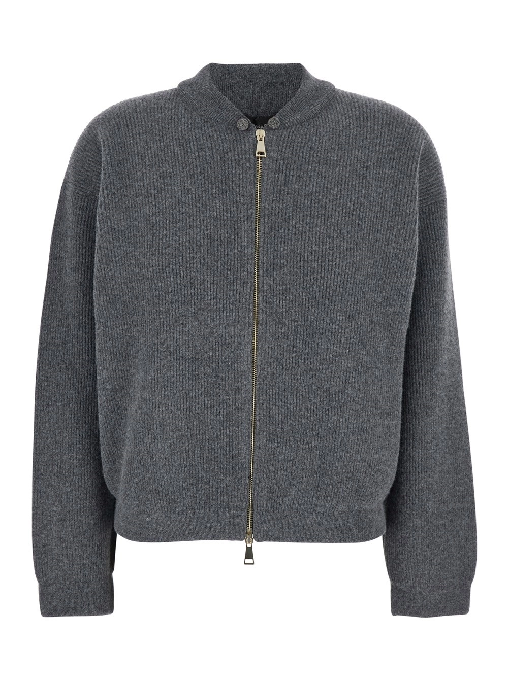 Graues geripptes Strick-Sweatshirt mit Reißverschluss vorne aus Wollmischung Damen