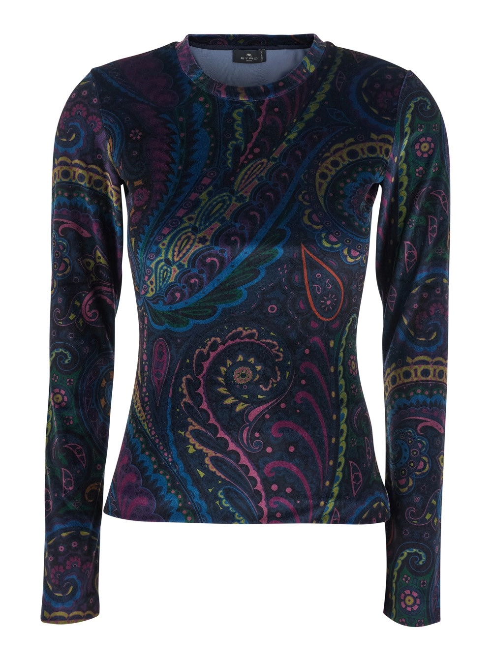 Blaues langärmeliges T-Shirt mit Rundhalsausschnitt und All-Over-Paisley-Druck aus Samt Damen