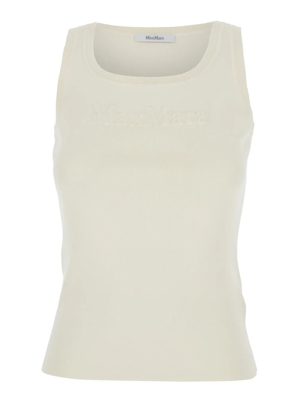 Ärmelloses Top "Pentola" für Damen aus Viskosemischung in Weiß mit quadratischem Ausschnitt und tonaler Logoschriftzug-Stickerei vorne