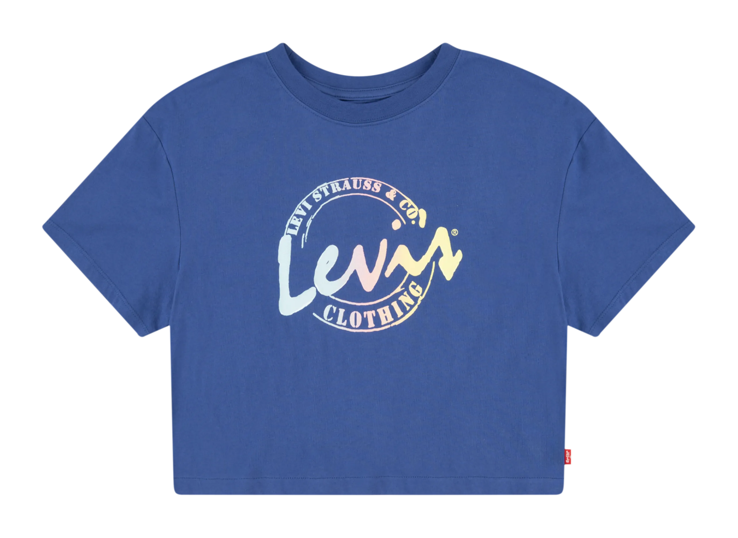 Kurzes Rundhals-T-Shirt aus Baumwolle mit Siebdruck Blau