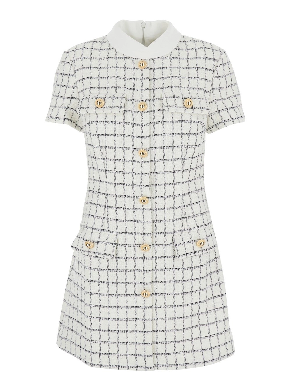 Weißes Minikleid mit Schmuckknöpfen und All-Over-Karomuster aus technischem Stoff Damen