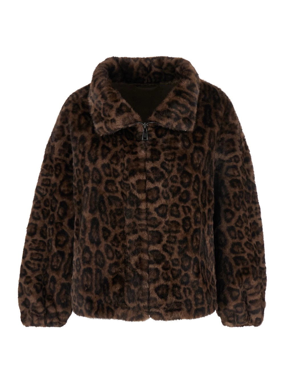 Braune Pelzjacke "Annie" mit klassischem Kragen und Leopardenmotiv aus Ökopelz Damen