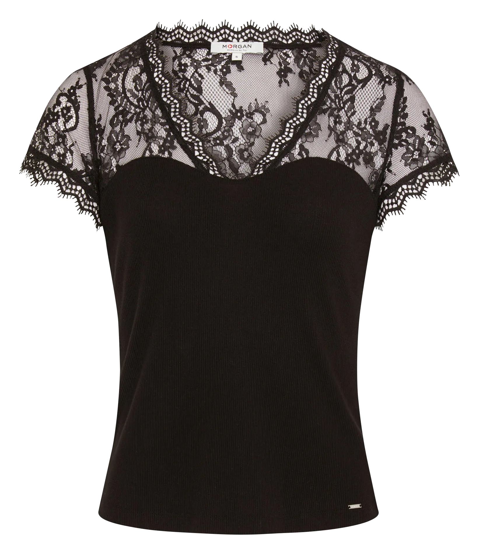 T-Shirt mit V-Ausschnitt und Spitze Braun 232-DLAMI