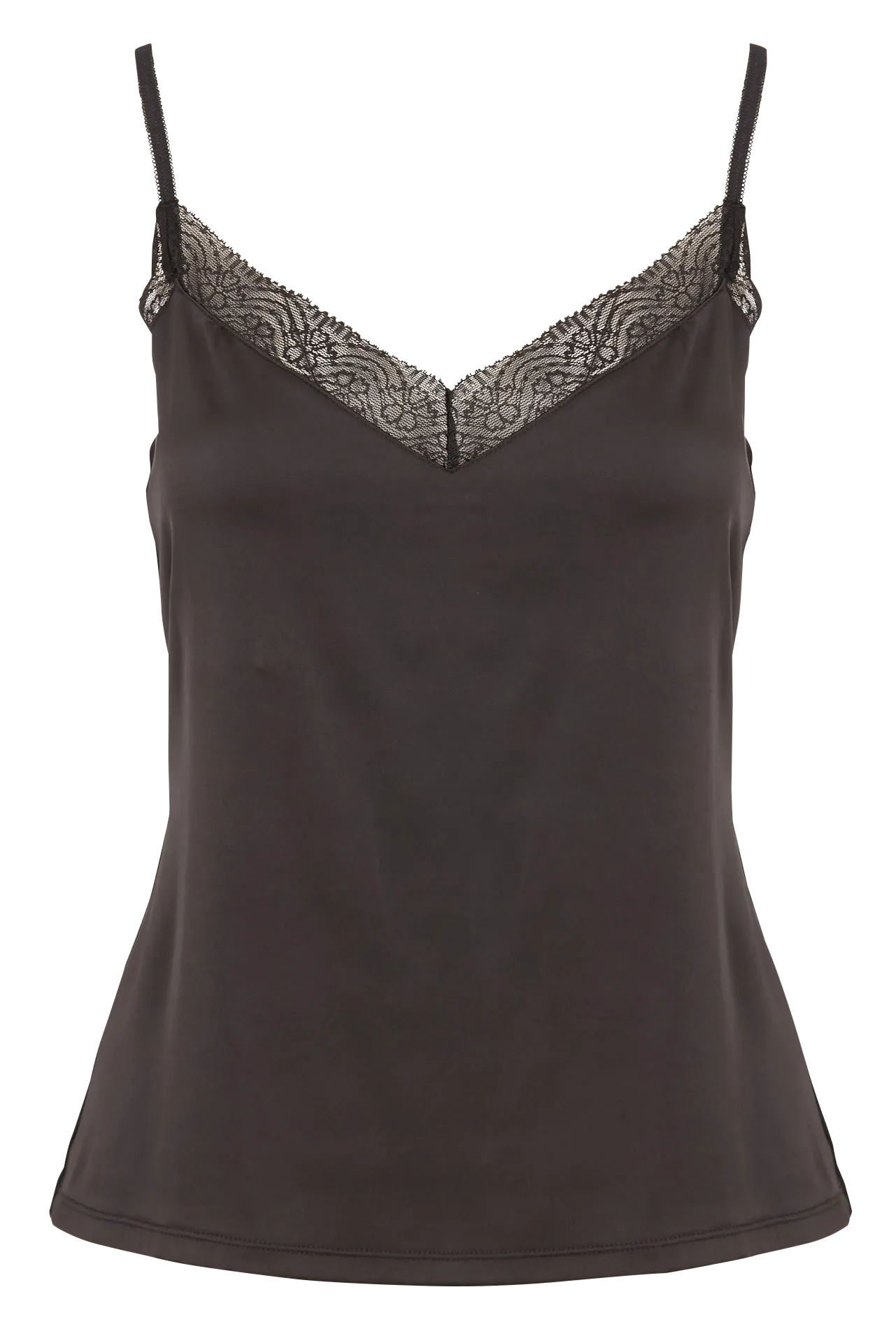 Gerade geschnittenes Trägertop mit V-Ausschnitt und Spitze Schwarz TK056-CLEA