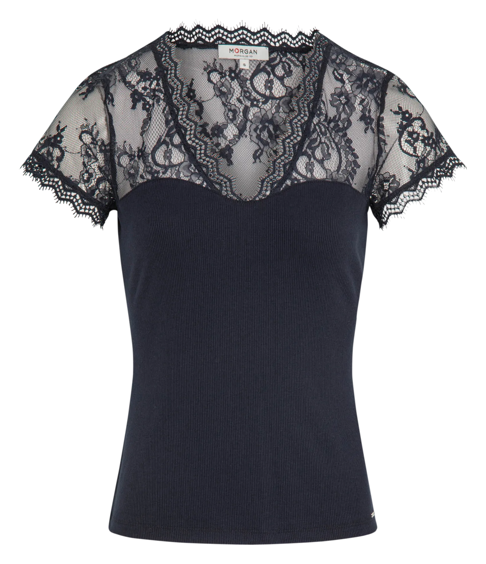 T-Shirt mit V-Ausschnitt und Spitze Blau 232-DLAMI