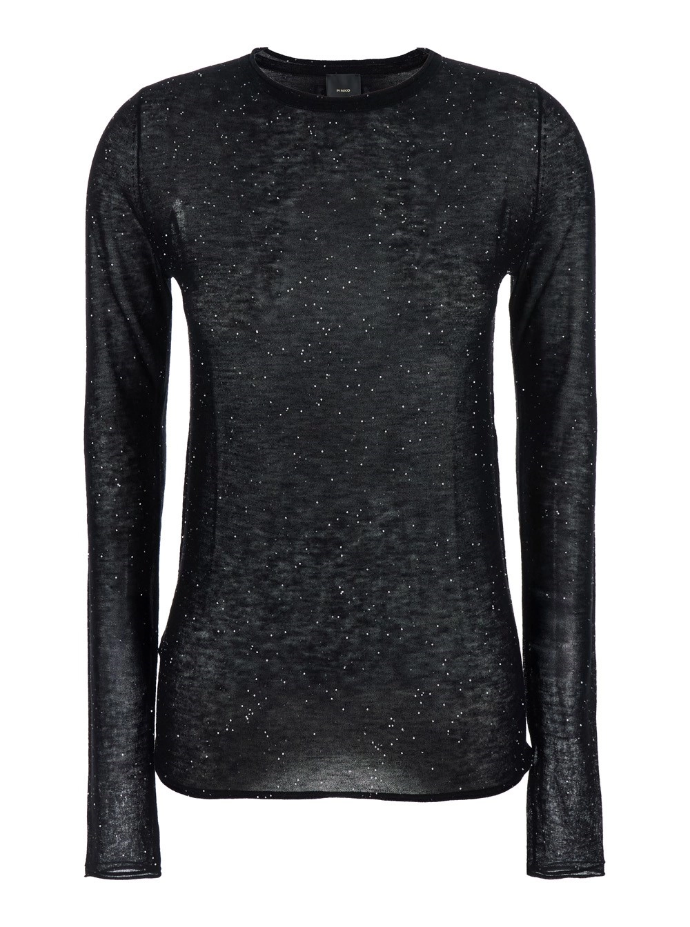 Schwarzes Strassbesetztes Langarm-T-Shirt mit Rundhalsausschnitt aus Stretch-Wolle Damen