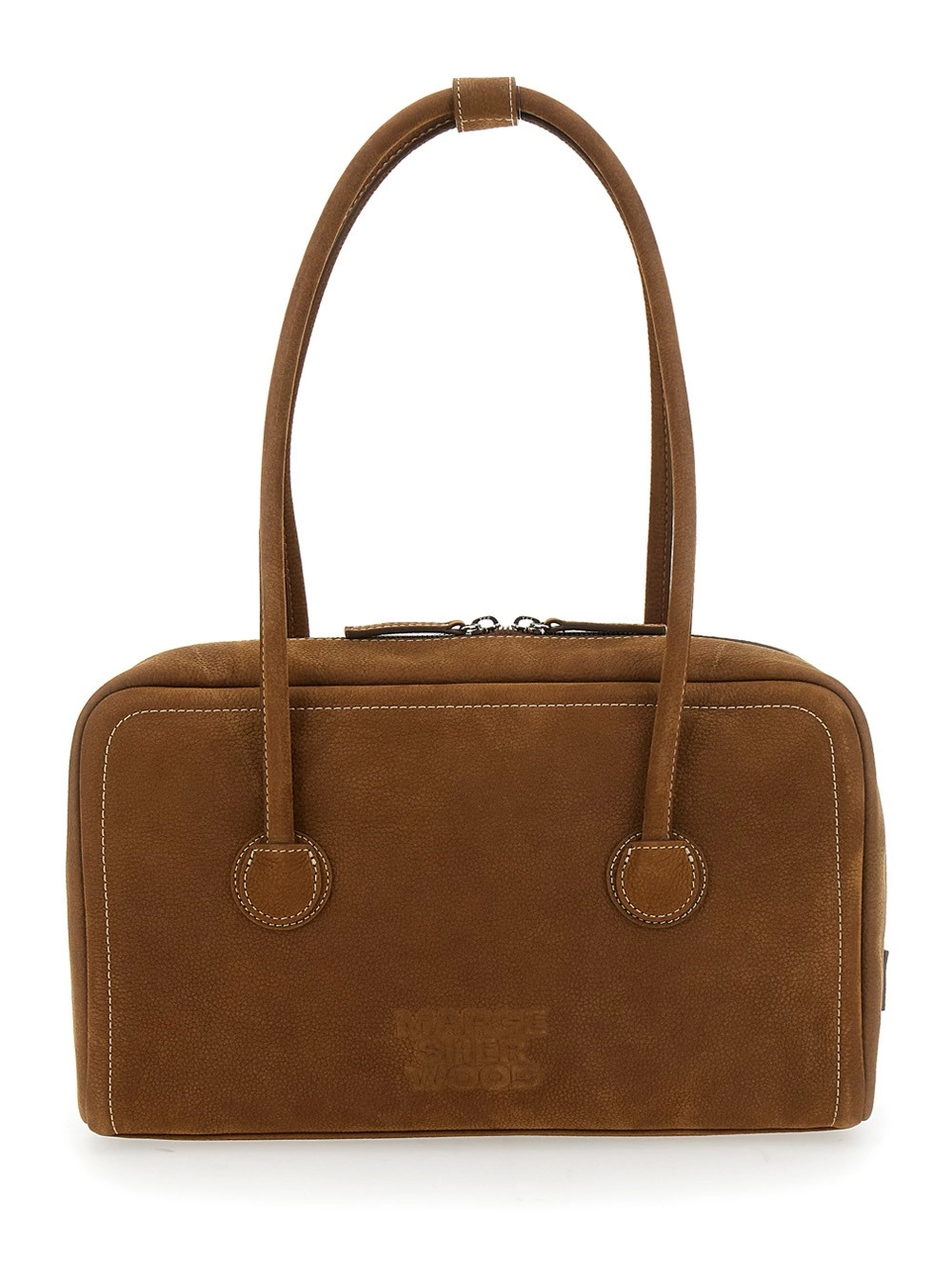 Umhängetasche "Boston" für Damen aus Leder in Beige mit geprägtem Logo-Schriftzug vorne