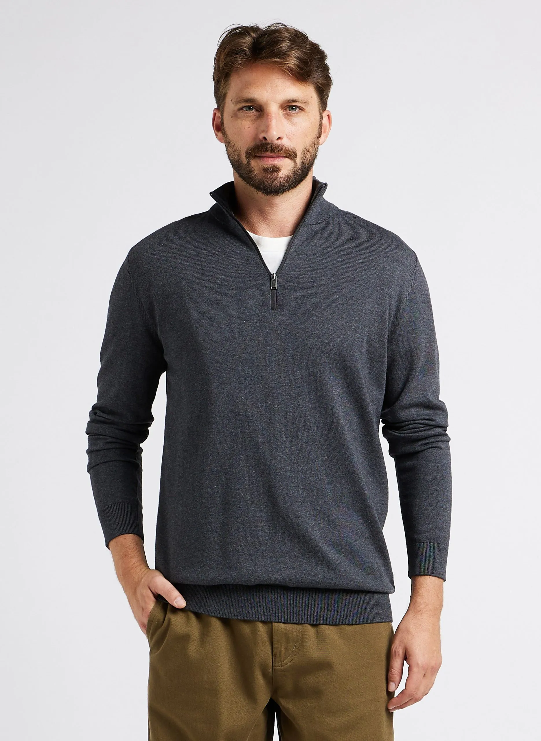 Baumwollpullover mit Stehkragen und Reißverschluss, Regular Fit Grau BERG