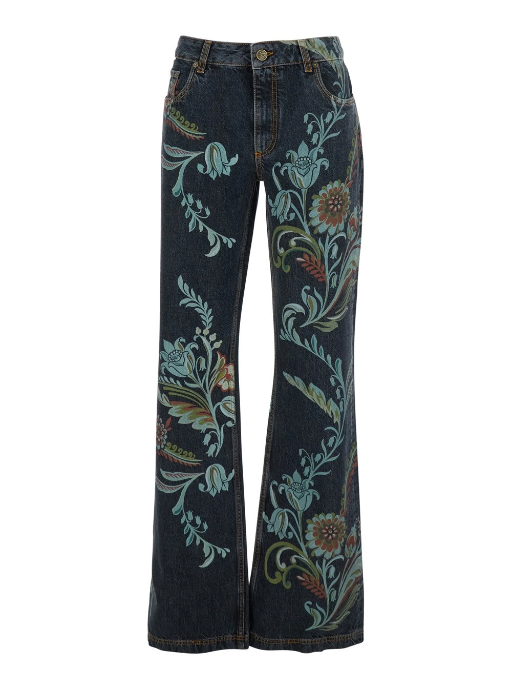 Blaue Jeans mit All-Over gemalten Blumen aus Denim Damen