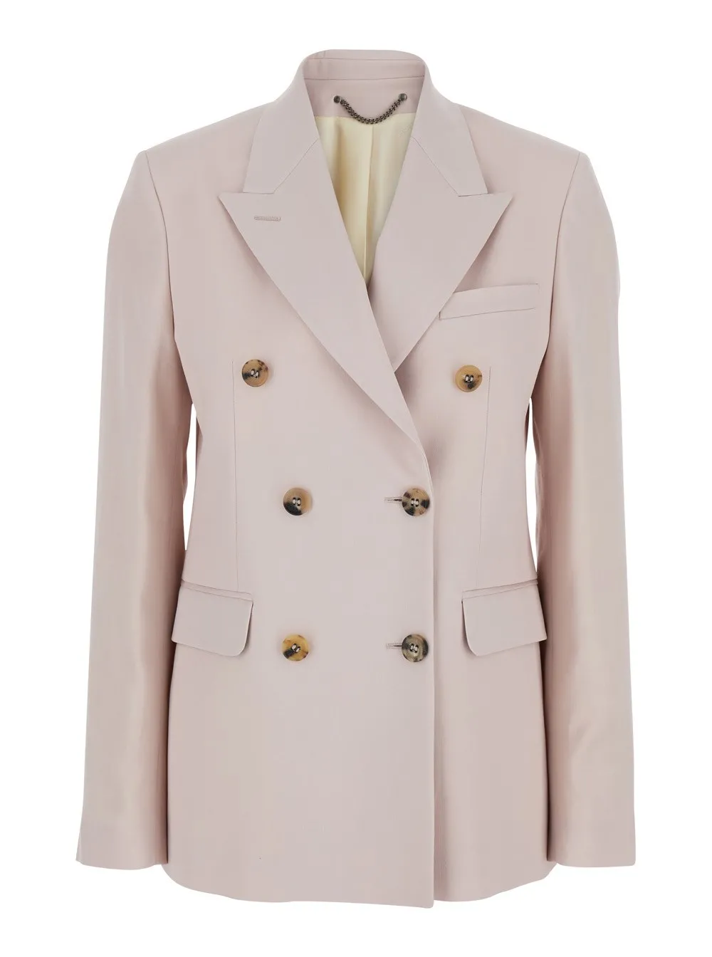 Zweireihige Jacke für Damen aus Wolle in Rosa mit Scheitelrevers und Logoplakette hinten