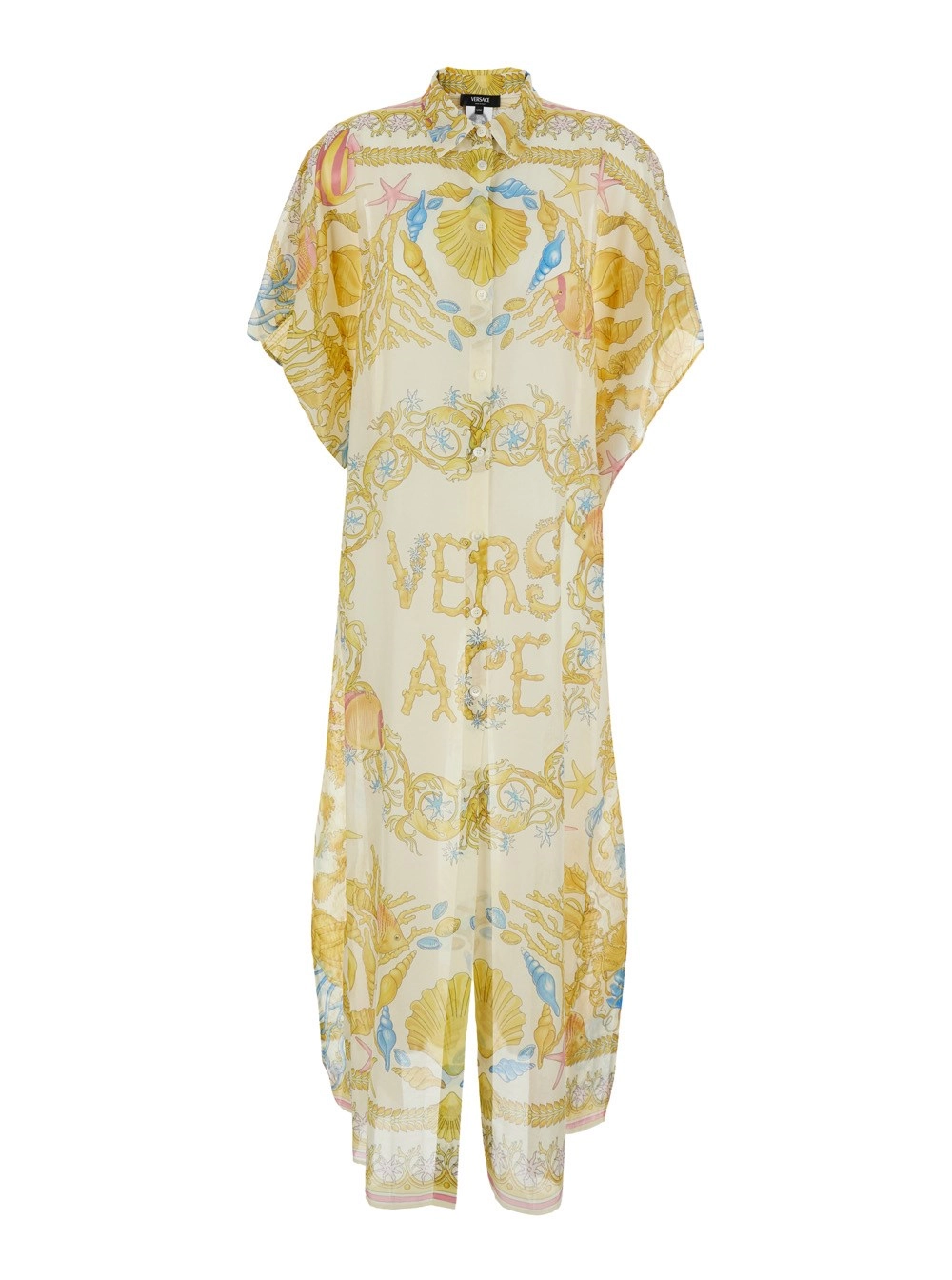 Mehrfarbiges Kleid mit spitzem Kragen und All-Over-Unterwasser-Barocco-Druck aus Seide und Baumwolle Damen